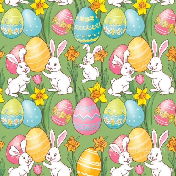 Easter Digital Paper Texture with Rabbits & Decorated Eggs All Easter Digital paper texture preview