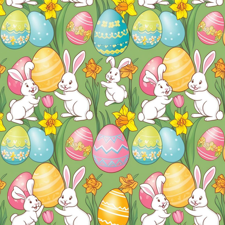 All Easter Digital paper of Colorful Easter Eggs and Bunny Rabbits on G… seamless PBR texture preview