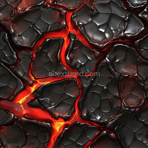 Seamless 3D cracked volcanic lava rock PBR texture with glowing molten fissures
