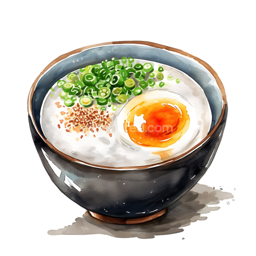 Watercolor Style Congee Breakfast Bowl with Egg and Green Onion Toppings
