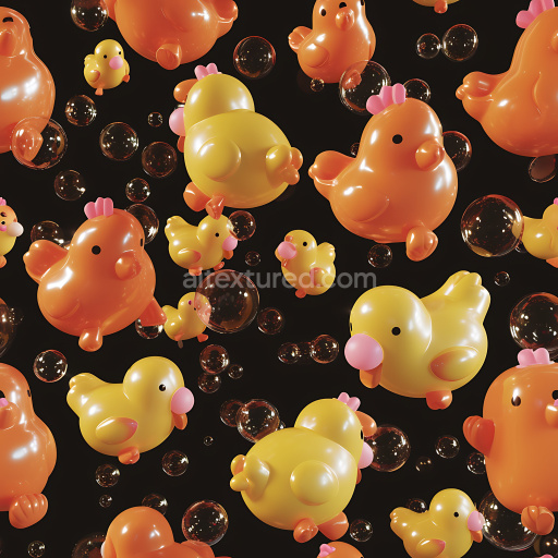 Seamless 3D Inflated PBR Texture Featuring Glossy Rubber Duckies and Floating Bubbles