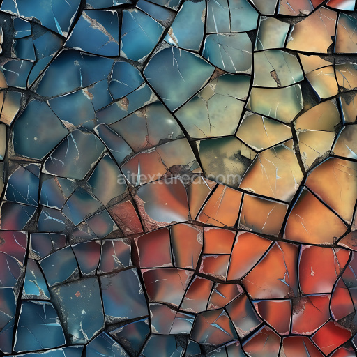 Seamless 3D Cracked Ceramic Surface PBR Texture with Multicolor Glazed Shards and Fractured Pattern
