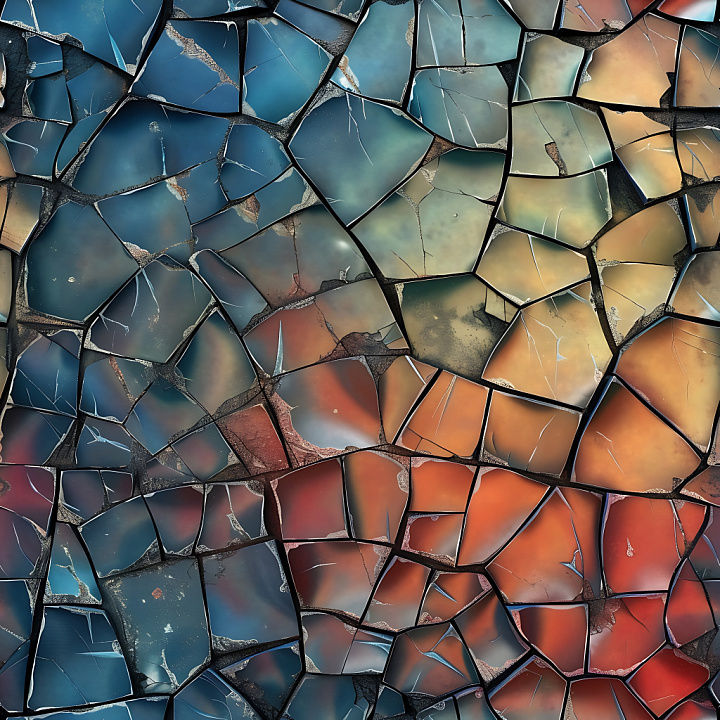 Cracked Ceramic Surface with Multicolor Glazed Shards and Fractured Pat… seamless PBR texture preview