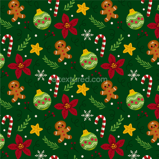 Seamless 3D PBR Texture Featuring Christmas Gingerbread, Candy Canes, and Ornaments