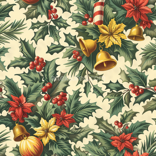 Seamless 3D PBR Texture of Festive Christmas Paper with Holly, Bells, and Poinsettias
