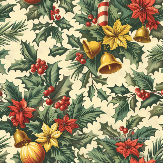 Digital Paper Texture with Christmas Holly, Bells, and Poinsettias All Christmas Digital paper texture preview