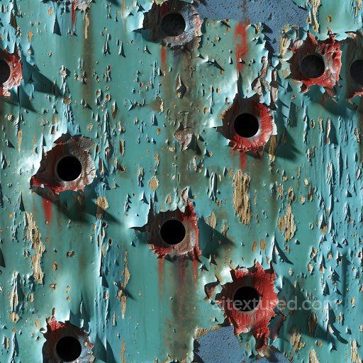 Cracked & Holes Texture of Rusted Metal with Large Holes and Peeling Turquoise Paint seamless Cracked & Holes PBR texture