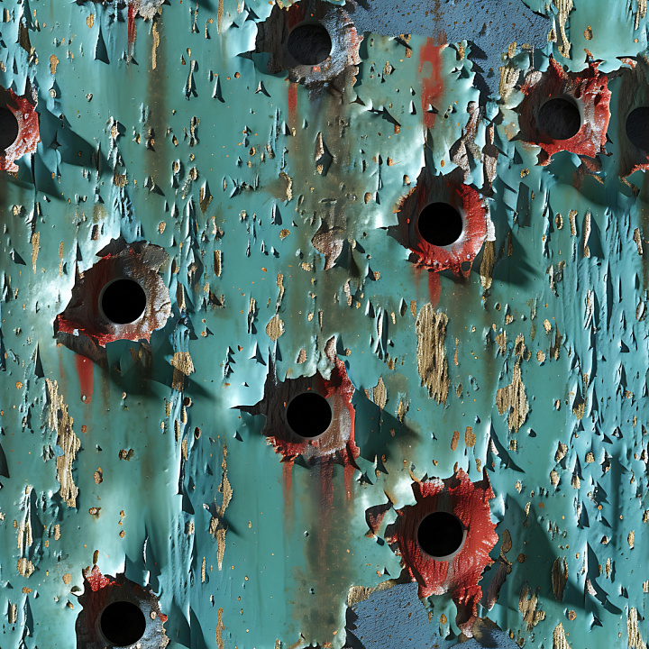 Cracked & Holes of Rusted Metal with Large Holes and Peeling Turquoise… seamless PBR texture preview