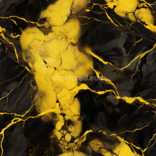 Seamless 3D Black and Yellow Marble PBR Texture with Bold Veins and Glossy Finish