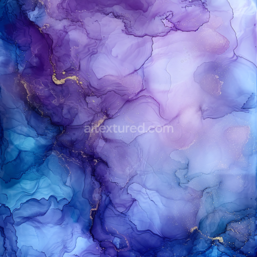 Seamless 3D Alcohol Ink PBR Texture Featuring Purple and Blue Fluid Marbling with Gold Veins