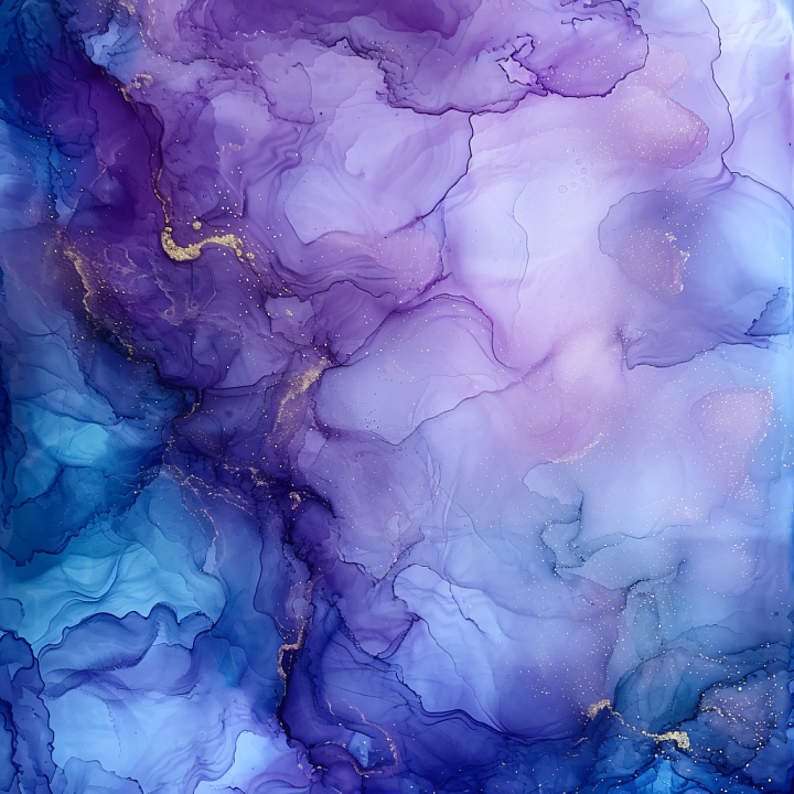 Alcohol Ink Featuring Purple and Blue Fluid Marbling with Gold Veins seamless PBR texture preview