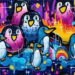 seamless Seamless 3D PBR Texture Featuring Colorful Penguin Graffiti on Brick Wall texture 8k free download PBR