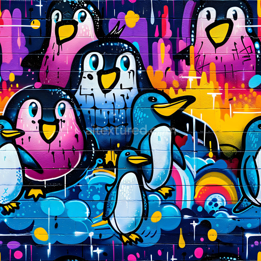 Seamless 3D PBR Texture Featuring Colorful Penguin Graffiti on Brick Wall
