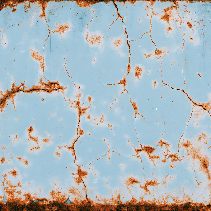Rusted Metal with Orange Rust Cracks and Blue Paint Chipping seamless PBR texture preview