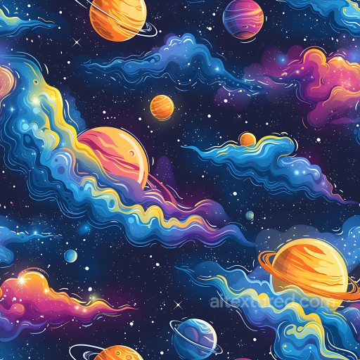 Space PBR Texture Featuring Vibrant Planets and Stylized Nebula Clouds seamless Star, space, planets PBR texture