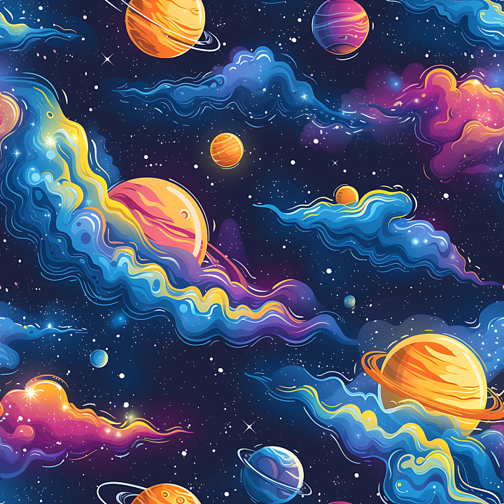 Space Featuring Vibrant Planets and Stylized Nebula Clouds seamless PBR texture preview