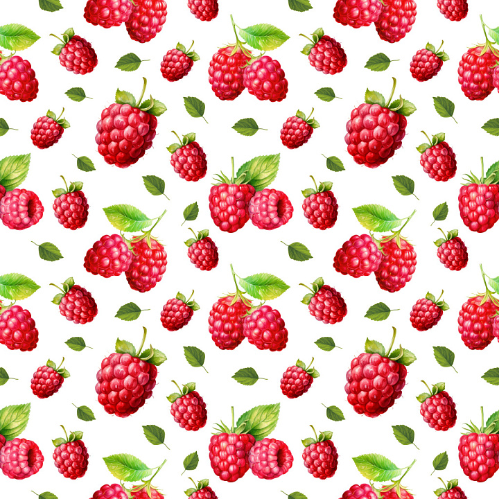 Pattern Featuring Realistic Raspberries with Green Leaves seamless PBR texture preview