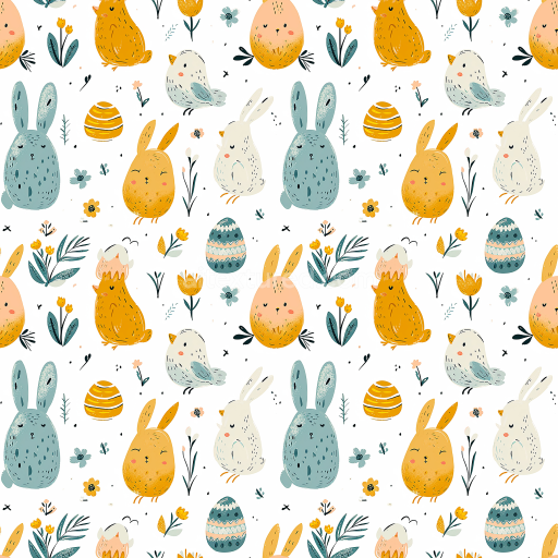 Seamless 3D PBR Texture of Cute Hand-Drawn Easter Bunnies and Eggs