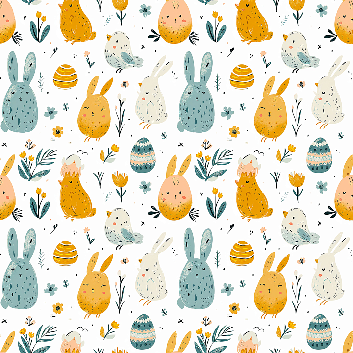 All Easter Digital paper of Cute Hand-Drawn Easter Bunnies and Eggs seamless PBR texture preview
