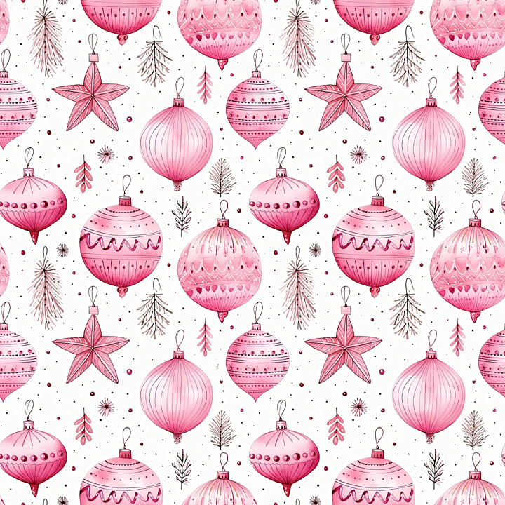 All Christmas Digital paper of Pink Christmas Ornaments and Pine Branch… seamless PBR texture preview