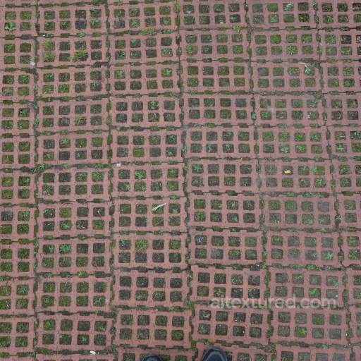 PBR Ground Texture Featuring Red Brick Grid Pattern with Grass Growth seamless Brick PBR texture
