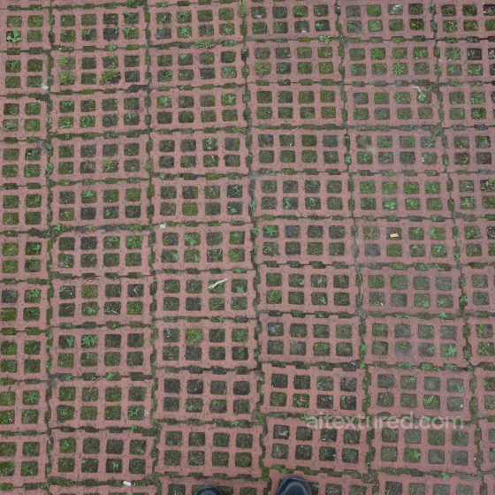 PBR Ground Texture Featuring Red Brick Grid Pattern with Grass Growth Brick texture preview