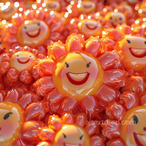 Inflated PBR Texture of Glossy Orange Smiley Sun Vinyl Pattern seamless Inflated PBR texture