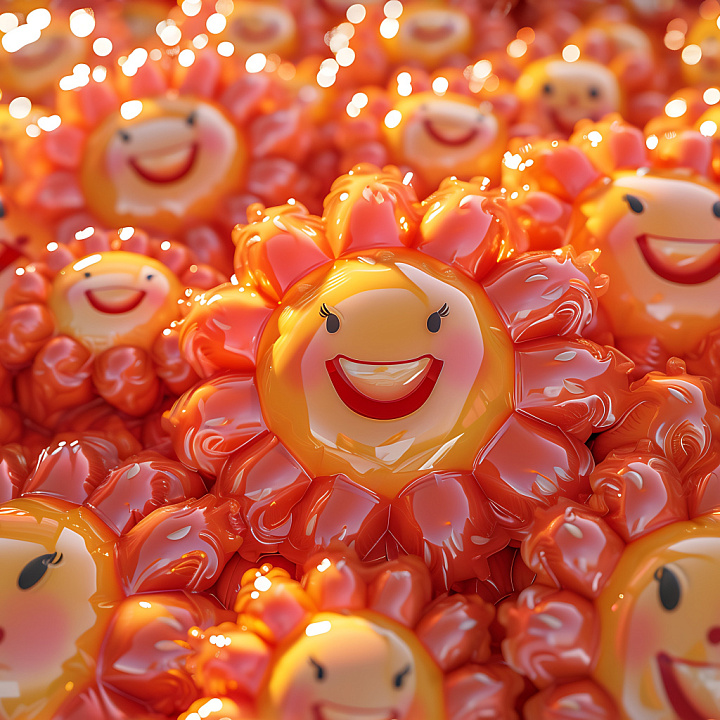Inflated of Glossy Puffy Cartoon Sun Faces in Vibrant Orange seamless PBR texture preview