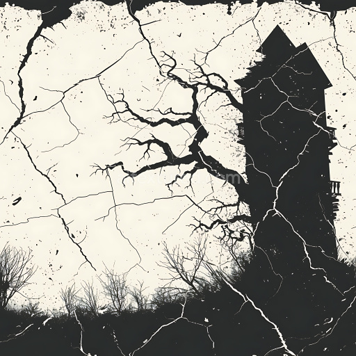 Seamless 3D PBR Texture of Cracked Dry Earth Surface with Jagged Fractures and Dense Vegetation Silhouettes