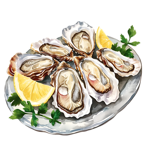 Breakfast Oyster Platter with Lemon and Parsley Illustrated PNG