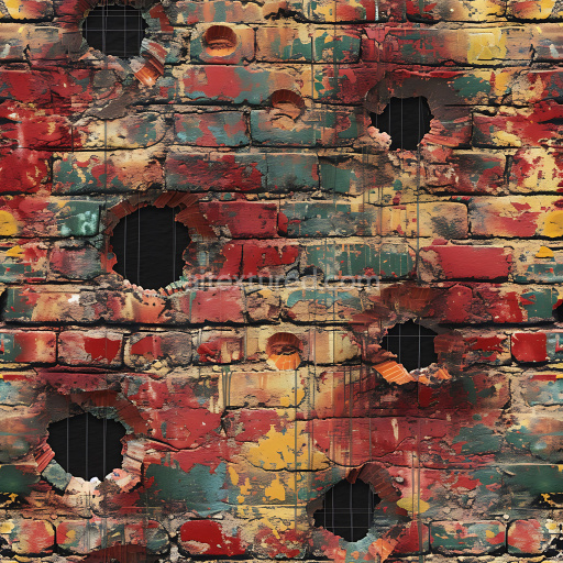 Seamless 3D PBR Cracked & Holes Texture of Weathered Multicolor Brick Wall
