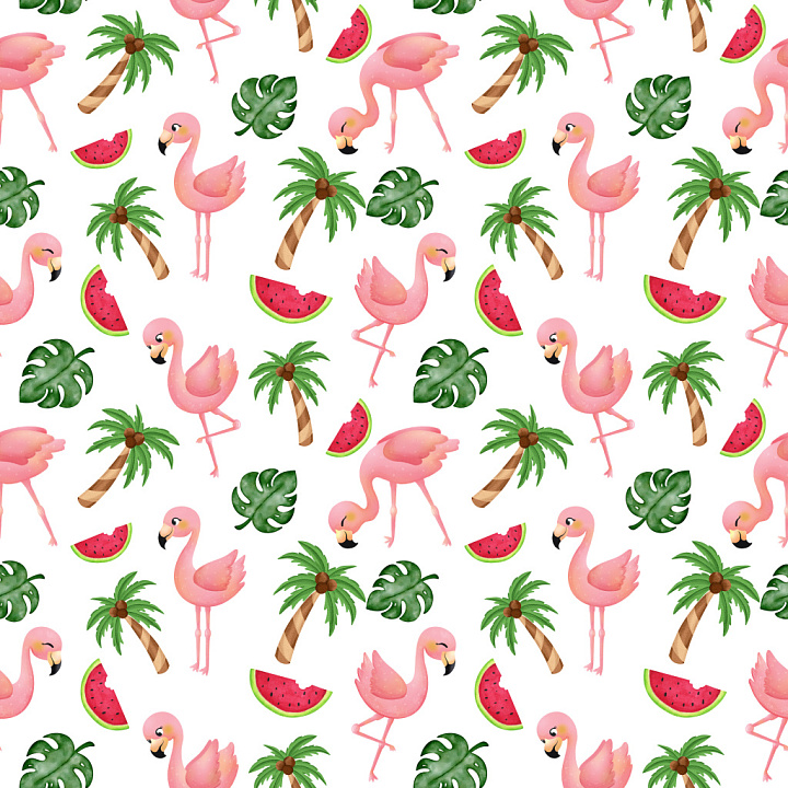 Pattern Featuring Tropical Flamingos, Palm Trees, and Watermelons seamless PBR texture preview