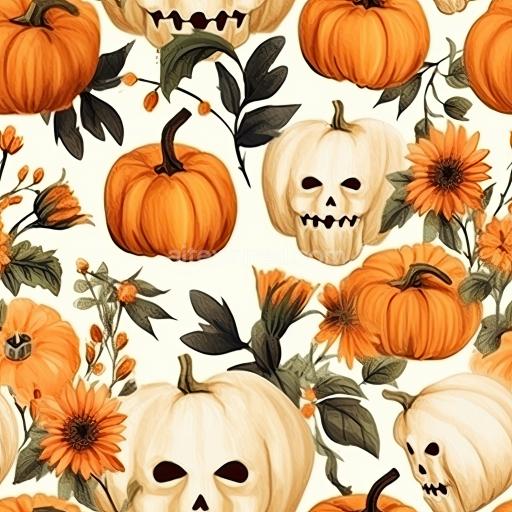 Seamless 3D PBR Watercolor Halloween Texture with Pumpkins and Skull Motifs