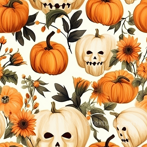 Watercolor Halloween Texture with Pumpkins and Skull Motifs seamless Watercolor Halloween PBR texture