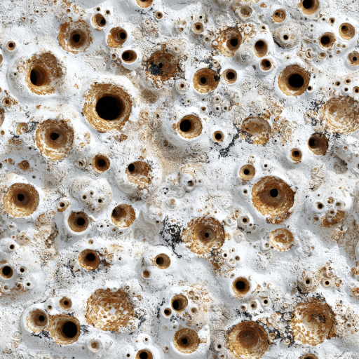 Seamless 3D Cavernous Stone PBR Texture Featuring White Rocky Surface with Deep Circular Holes