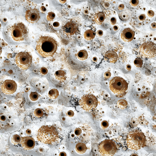 Cavernous Stone PBR Texture Featuring White Rocky Surface with Deep Circular Holes seamless Stone PBR texture