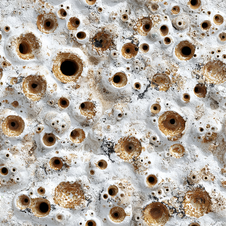 Cavernous Stone Featuring White Rocky Surface with Deep Circular Holes seamless PBR texture preview