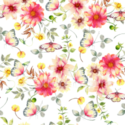 seamless Seamless 3D PBR Texture of Watercolor Pink Flowers and Butterflies with Green Leaves texture 8k free download PBR