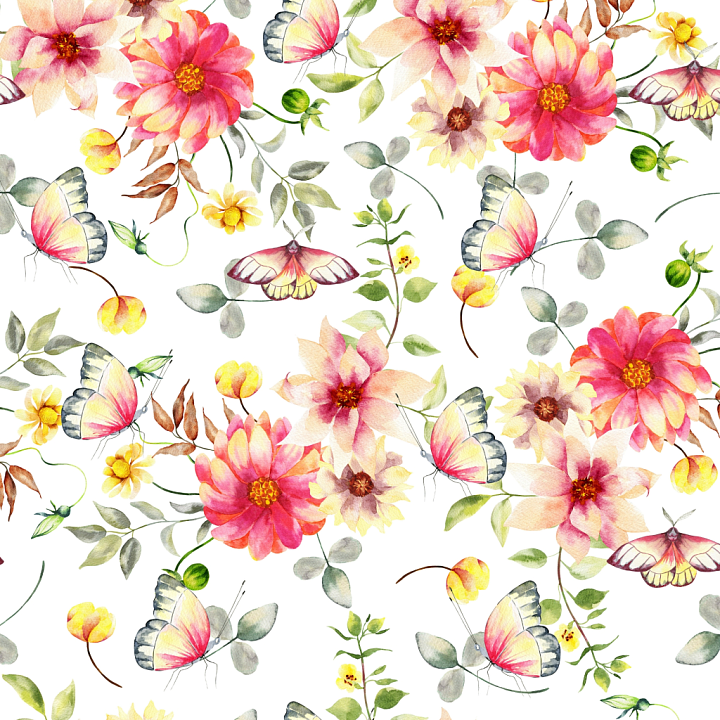 Watercolor Butterflies of Watercolor Pink Flowers and Butterflies with… seamless PBR texture preview