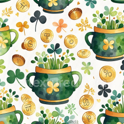 seamless Seamless 3D PBR Watercolor St Patrick Digital Paper Texture with Pots and Coins texture 8k free download PBR