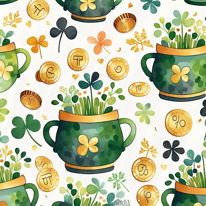 Watercolor St Patrick Digital Paper with Pots and Coins seamless PBR texture preview