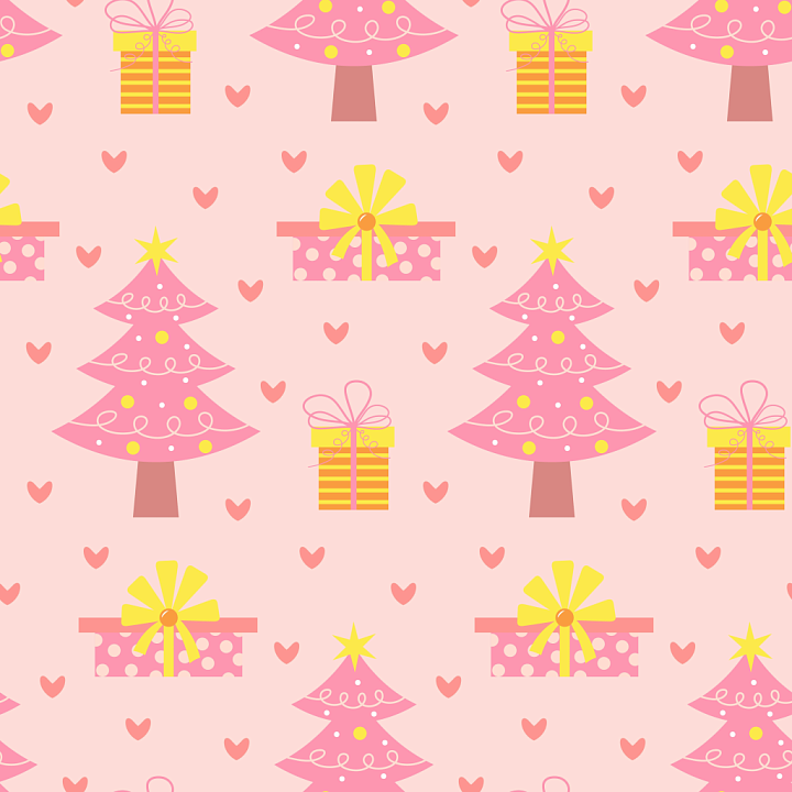 with Pink Christmas Trees and Gift Boxes seamless PBR texture preview