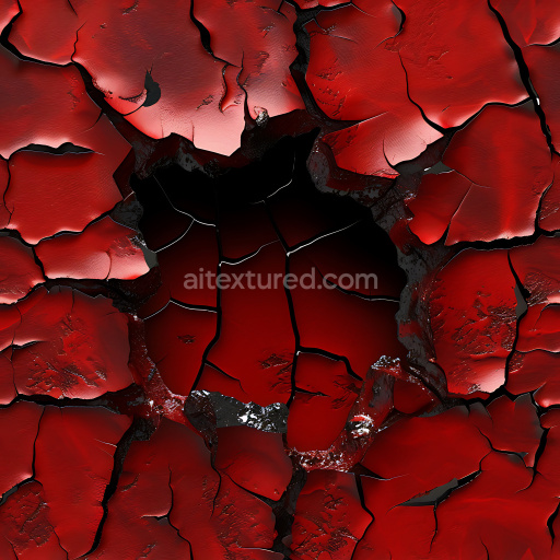 Seamless 3D Cracked & Hole PBR Texture of Deep Red Aged Paint with Jagged Breaks