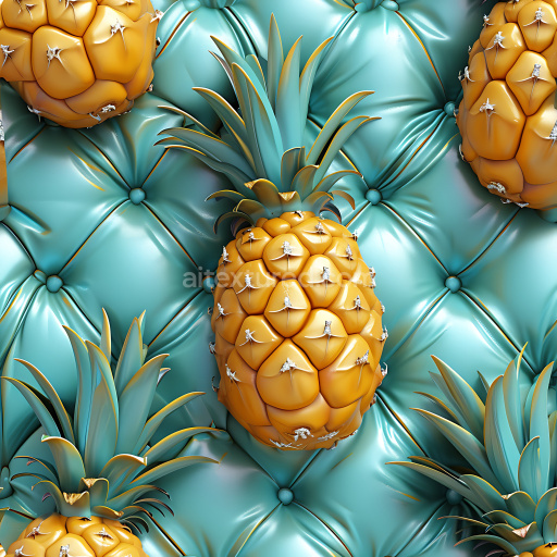 Seamless 3D Inflated PBR Texture Featuring Glossy Teal Vinyl Quilts with Puffy Pineapple Elements