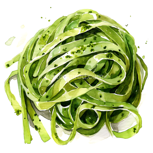 Watercolor Style Pesto Pasta Breakfast Illustration in Green Tones