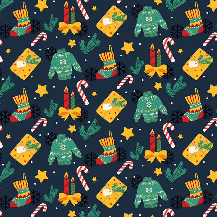 Christmas Pattern Fabric with Festive Icons on Dark Background seamless PBR texture preview