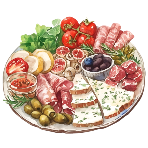 Preview — Ploughman's Platter Breakfast Illustration with Fresh Meats, Cheese, and Olives