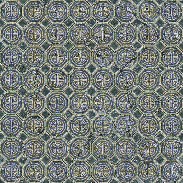 Aged Porcelain Tile with Chinese Style Pattern seamless PBR texture preview