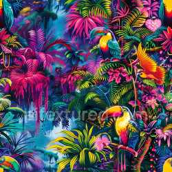 seamless Seamless 3D PBR Texture of Vibrant Tropical Graffiti Mural with Exotic Birds and Jungle Foliage texture 8k free download PBR