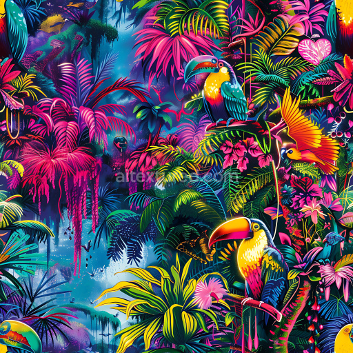 Seamless 3D PBR Texture of Vibrant Tropical Graffiti Mural with Exotic Birds and Jungle Foliage